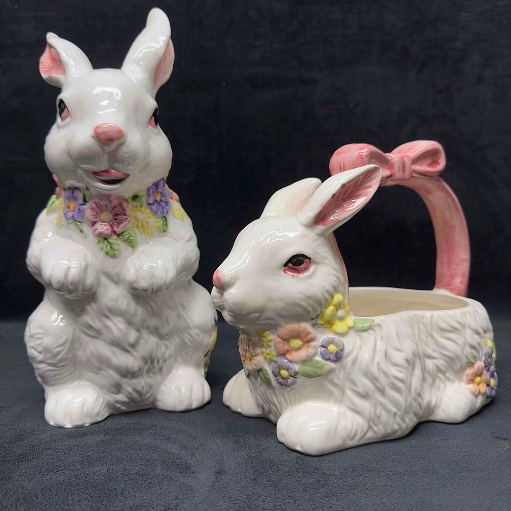Lot 394: Porcelain Easter Bunny Rabbit Pitcher and Basket Napkin Holder Set