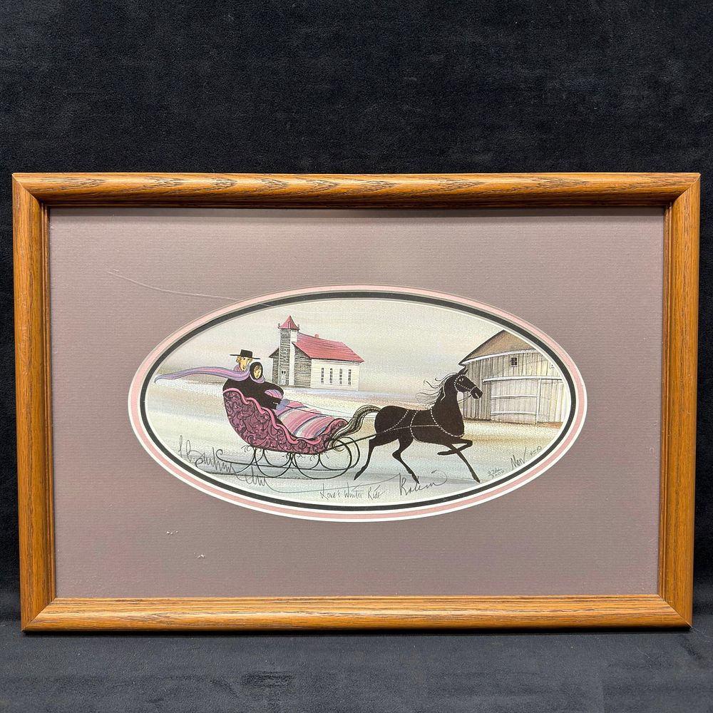 Lot 468: P. Buckley Moss Loves Winter Ride Signed and Numbered Framed Print Purple Matte