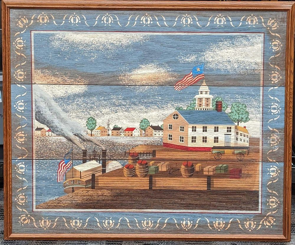 Lot 474: Large Framed Huntington Print On Canvas Folk Art