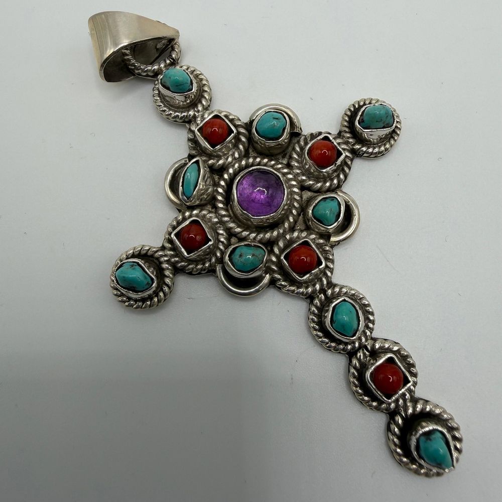 Lot 475: CII 925 Mexico Sterling Amethyst Turquoise Red Coral Cross Pendant