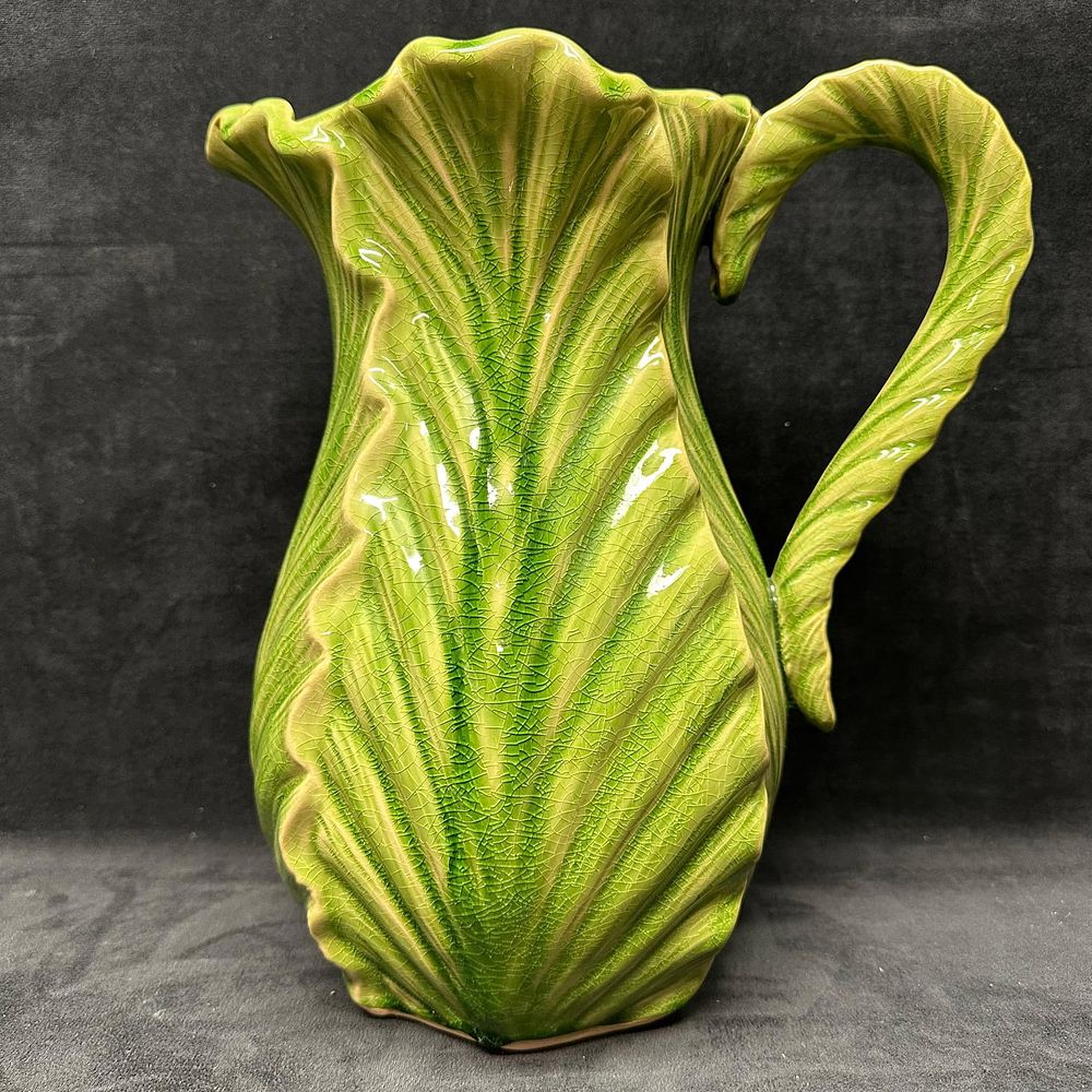 Lot 477: Large Green Leaf Form Cabbage Lettuce Design Majolica Style Ceramic Pitcher Leafy Greens