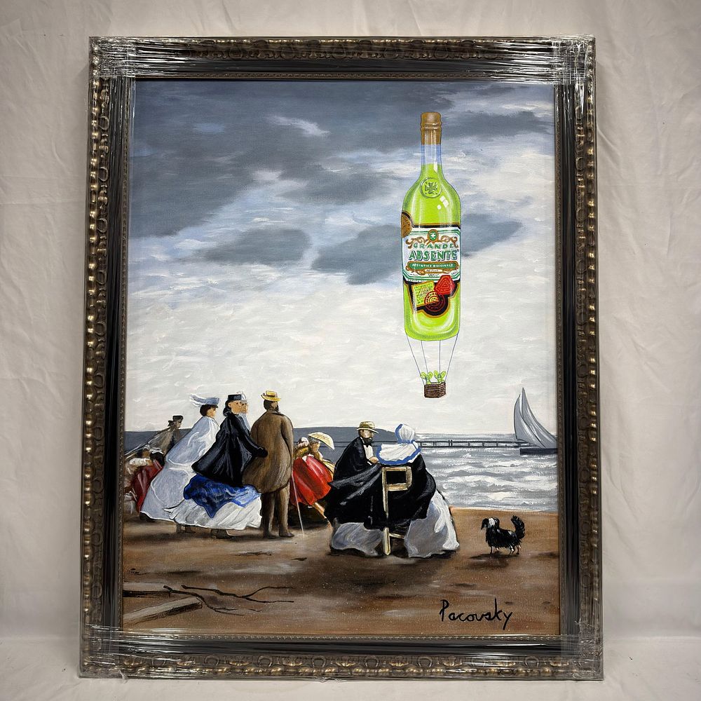 Lot 480: Signed Pacovsky Acrylic on Canvas Absente Surrealist Painting After Eugene Boudin