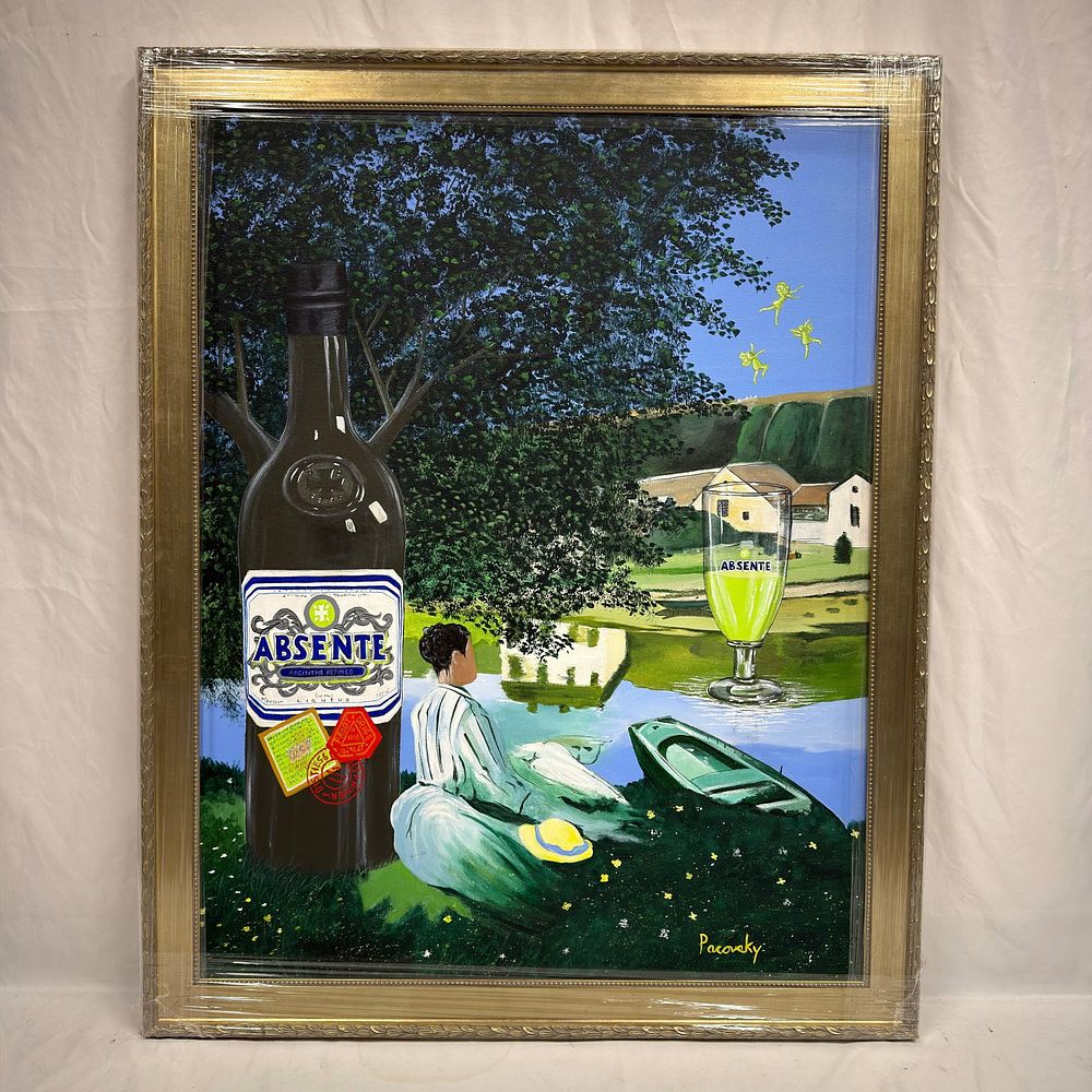 Lot 481: Signed Pacovsky Surrealist Absinthe Landscape Painting on Canvas