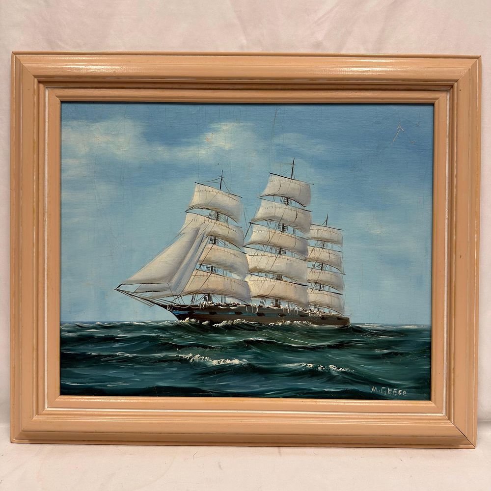 Lot 19: Three-Masted Ship at Sea Signed Oil on Canvas