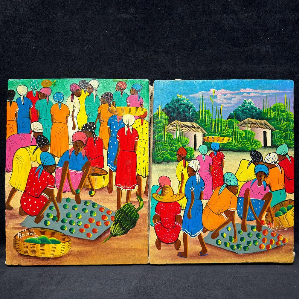 Lot 31: Pair of Belando Signed Caribbean Market Scene Artwork Paintings Vibrant Colors