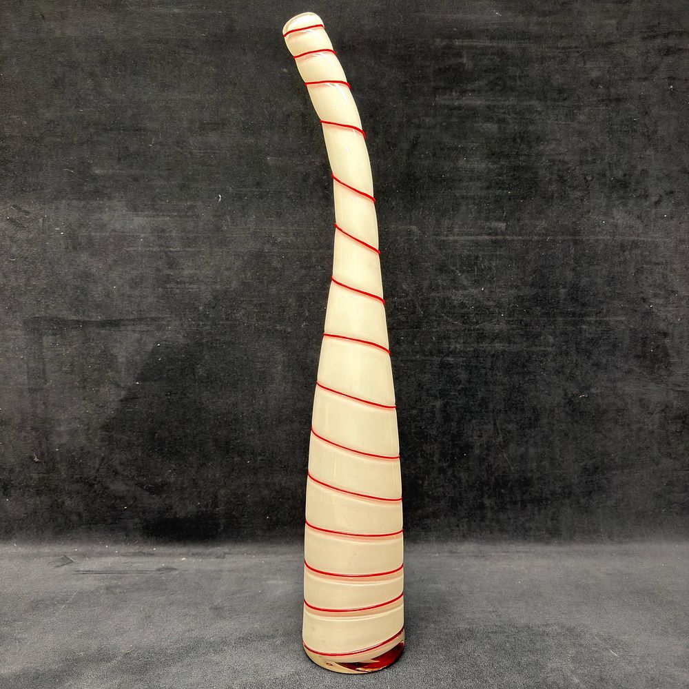 Lot 33: Murano MCM Tall Art Glass Candy Cane Red and White Stripe Spiral Curved Vase