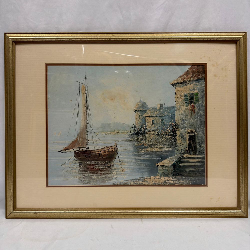 Lot 40: Framed Oil Painting on Board Nautical Scene Sailboat Docked