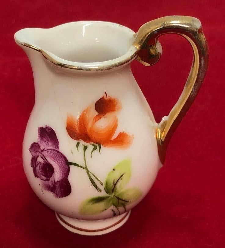 Lot 78: Miniature Floral Ceramic Water Pitcher Gold Accent