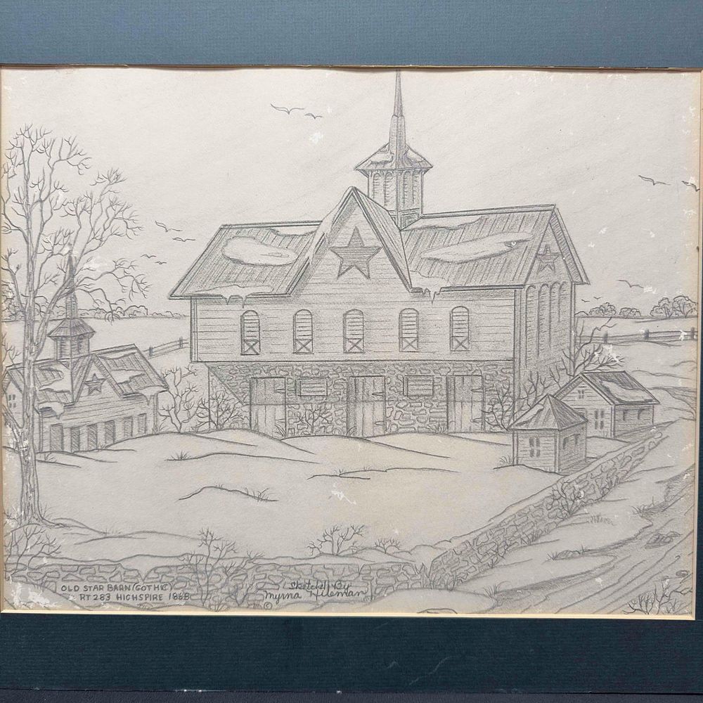 Lot 92: Myrna Hileman Pencil Sketch Old Star Barn Gothic Drawing