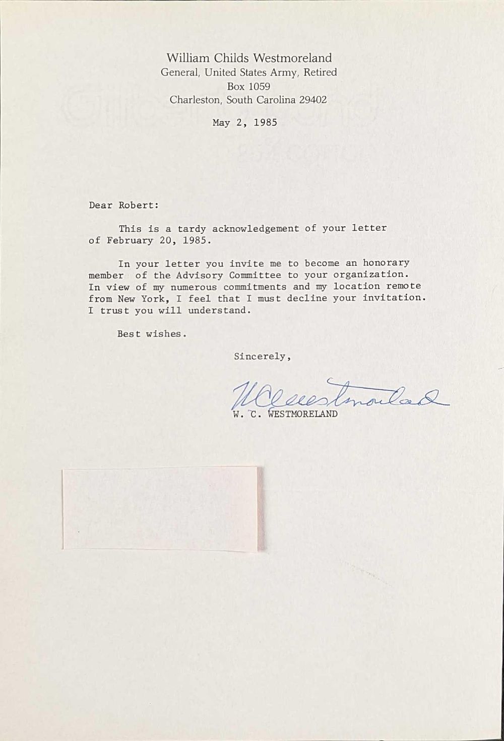 Lot 105: William Westmoreland Typed Signed Letter