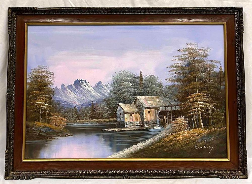 Lot 120: Large Signed Oil On Canvas Cabin On The Lake (JB223)