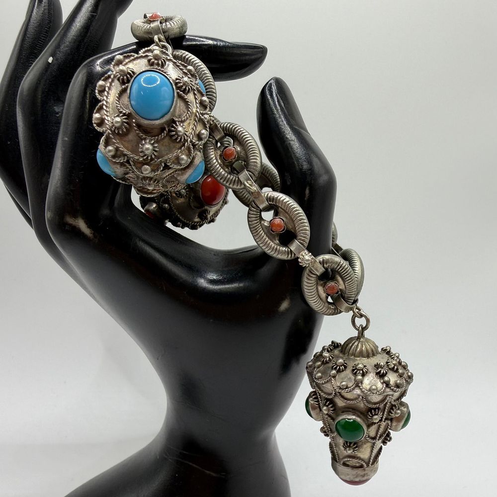 Lot 155: Italian Etruscan Revival Style Three Fob Charm 800 Silver Textured Chain Bracelet ER54