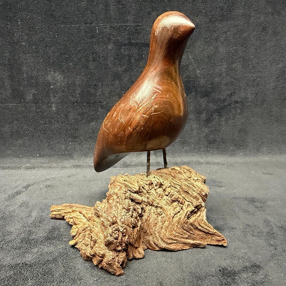 Lot 162: Signed Hand-Carved Wood Bird Sculpture on Natural Base