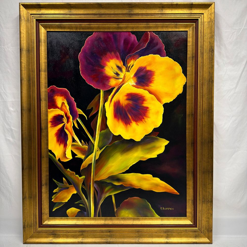 Lot 229: Rachel Thompson Pansy Original Oil on Canvas Yellow and Purple Flowers