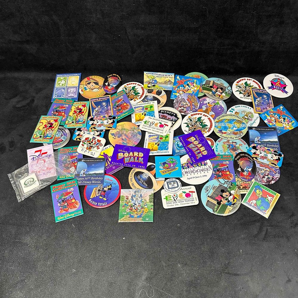 Lot 285: Large Lot of Vintage Disney Collectible Buttons Park Anniversaries Events, EPCOT Boardwalk Mickey