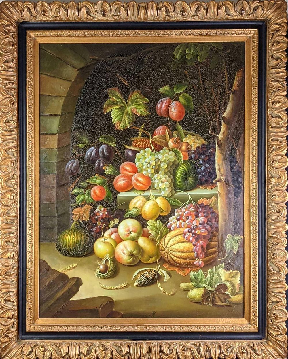 Lot 322: Large Framed Oil On Canvas Fruit And Veggies J