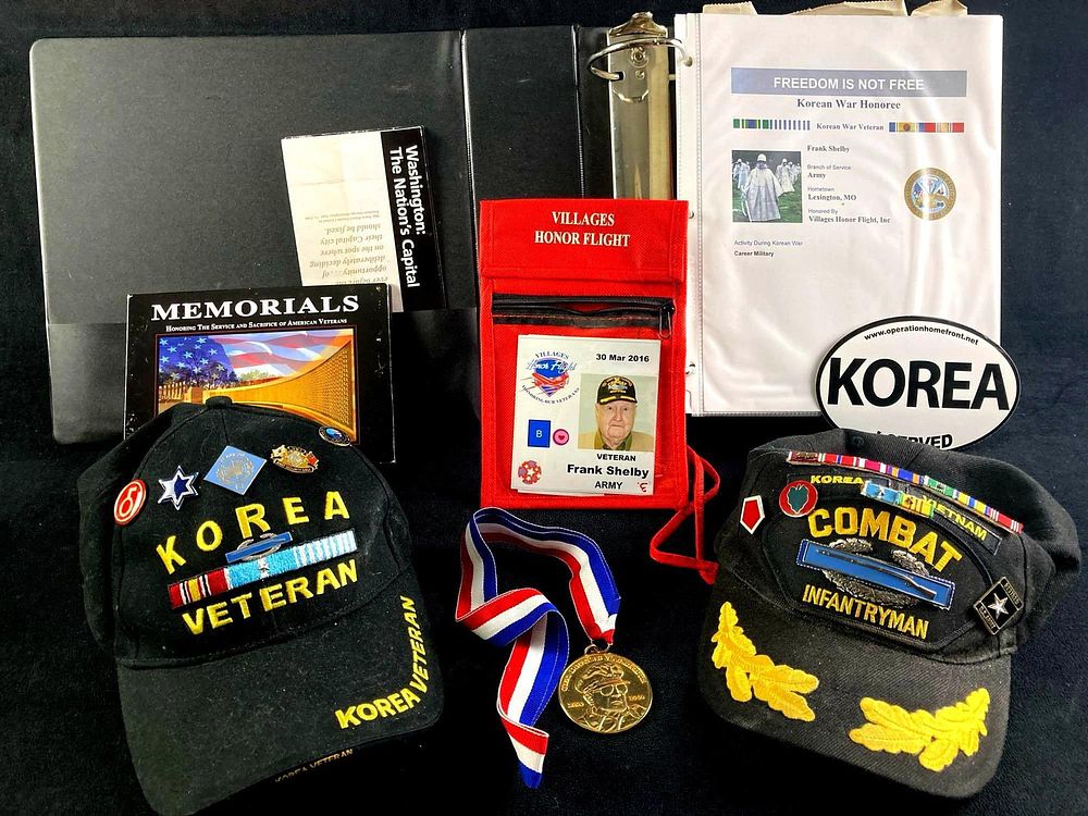 Lot 355: Frank Shelby Korean & Vietnam Wars Combat Veteran Honor Flight Letters, Hats, Medals