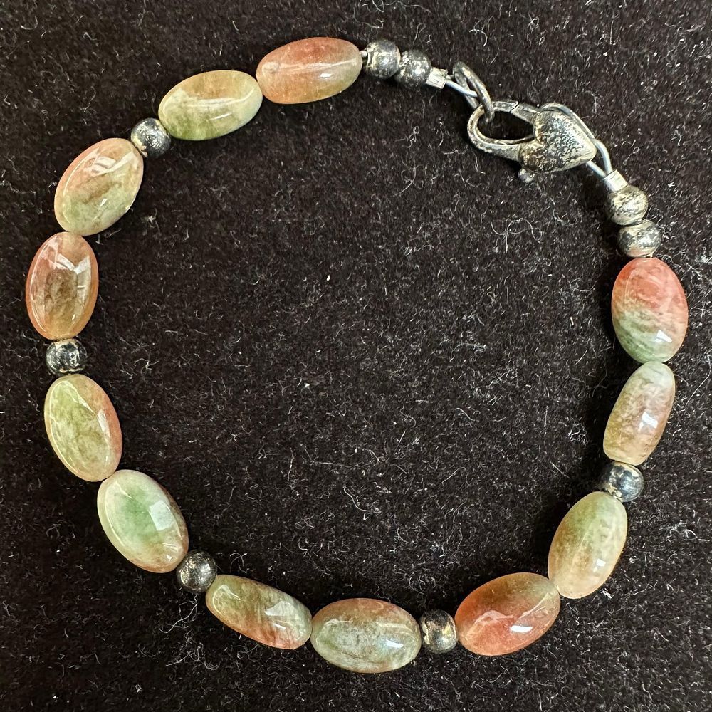 Lot 424: Unakite Stone Sterling Silver Clasp and Bead Bracelet L10