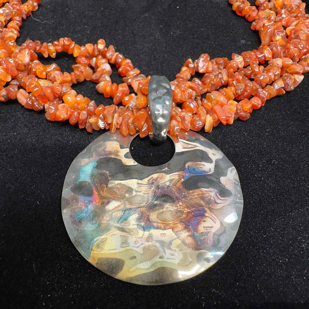 Lot 500: Multi Strand Carnelian Sterling Silver Textured Hammered Pendant Necklace