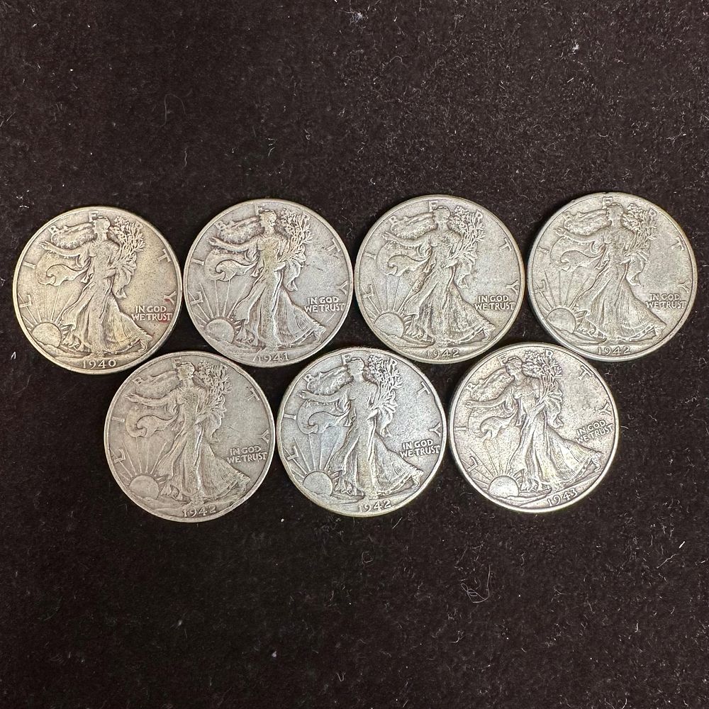 Lot 190: Set of Seven Silver Coins 1940s Walking Liberty Half Dollar Coin Collection K95
