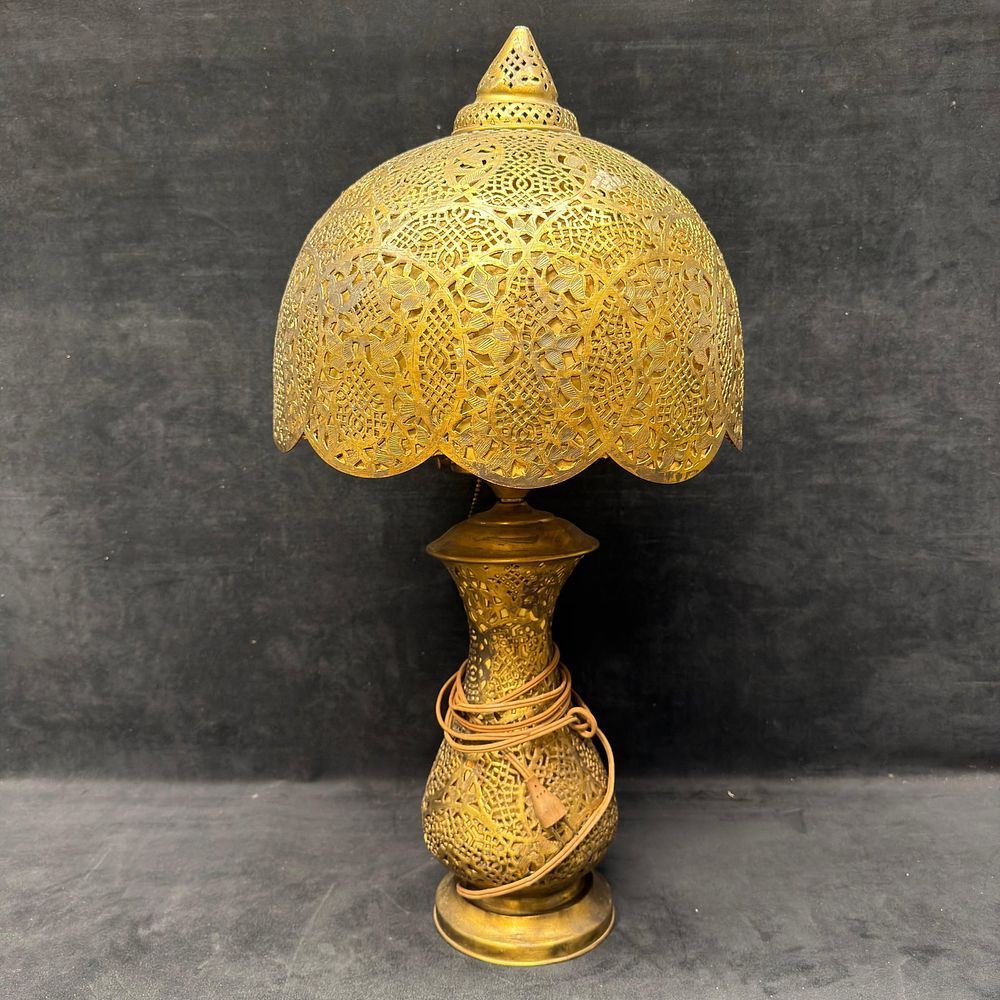 Lot 207: Vintage Moroccan Style Pierced Brass Table Lamp with Matching Filigree Shade