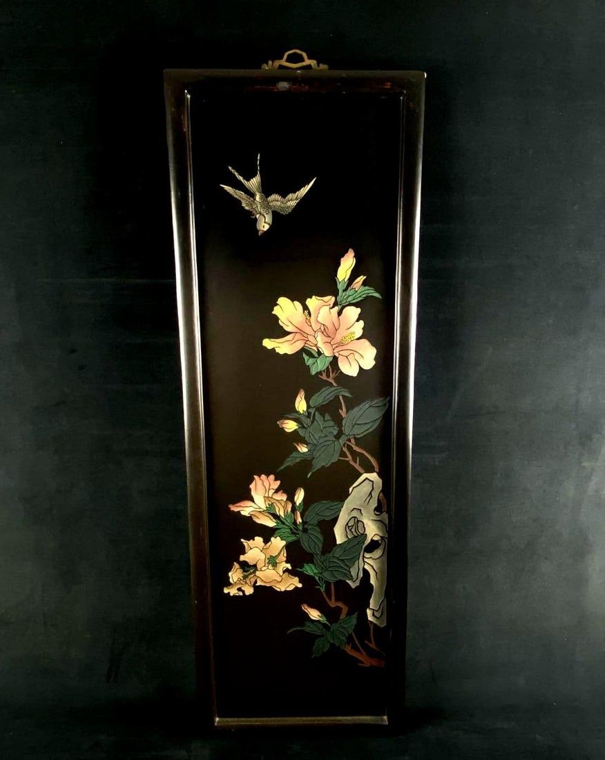 Lot 236: Vintage Chinese Signed Black Lacquer Hand Painted Carved Bird Wall Panel #3