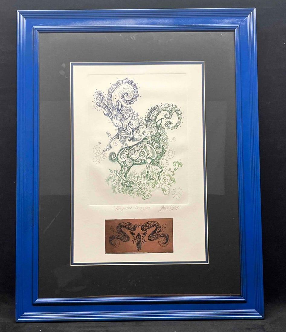 Lot 264: Signed & Framed "Tanngrisnir & Tanngnjostr" Original Etching With Copper Plate By Chelsea Smith