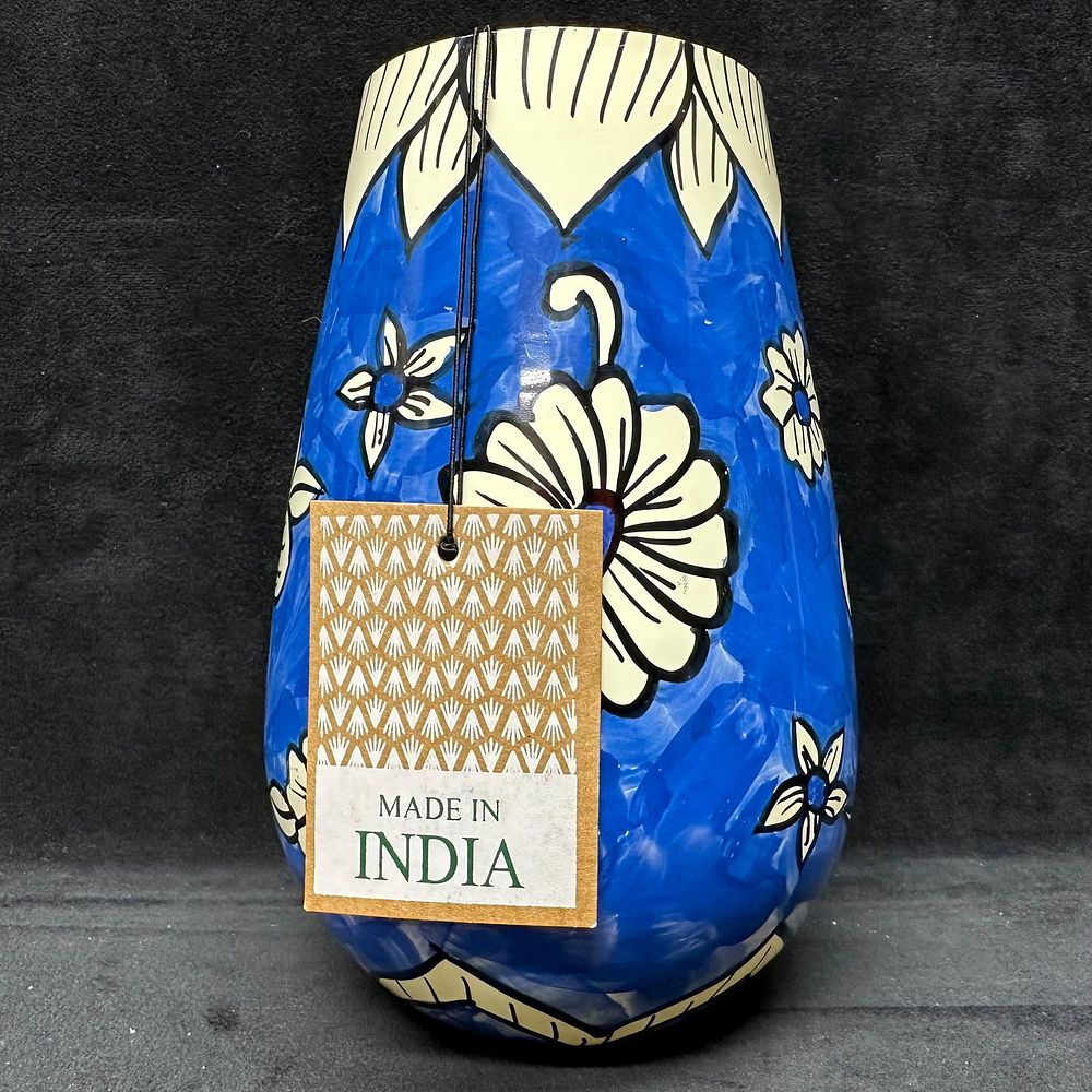 Lot 268: Hand-Painted Blue Floral White Flower Ceramic Vase Made in India