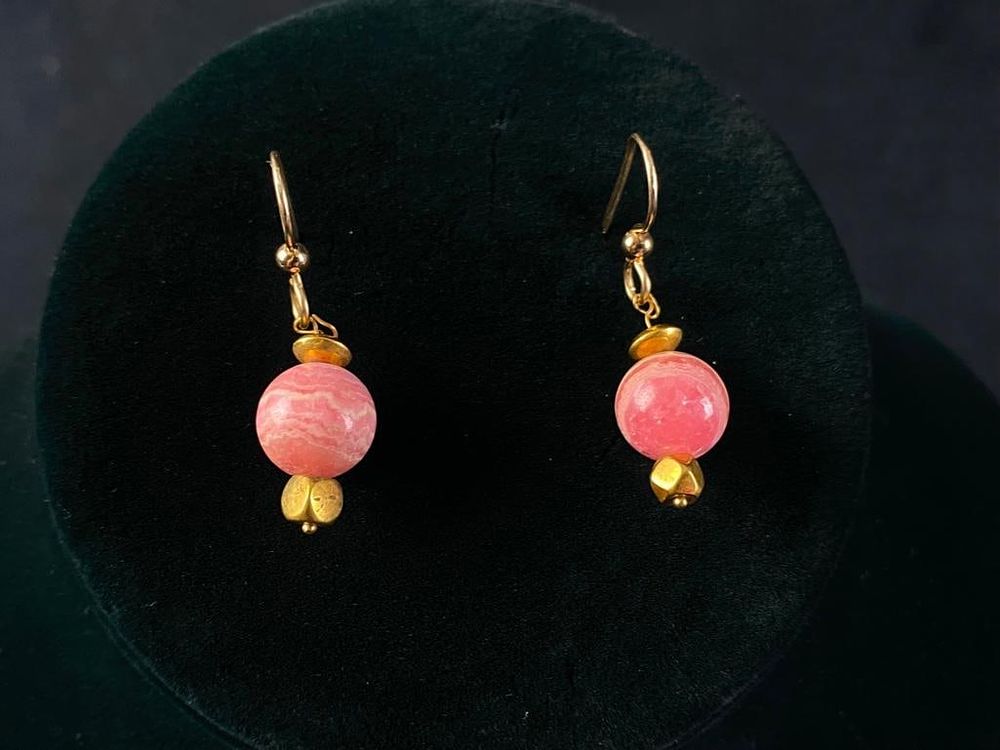 Lot 273: 14k Gold Dangle Earrings w/ Rhodochrosite Beads
