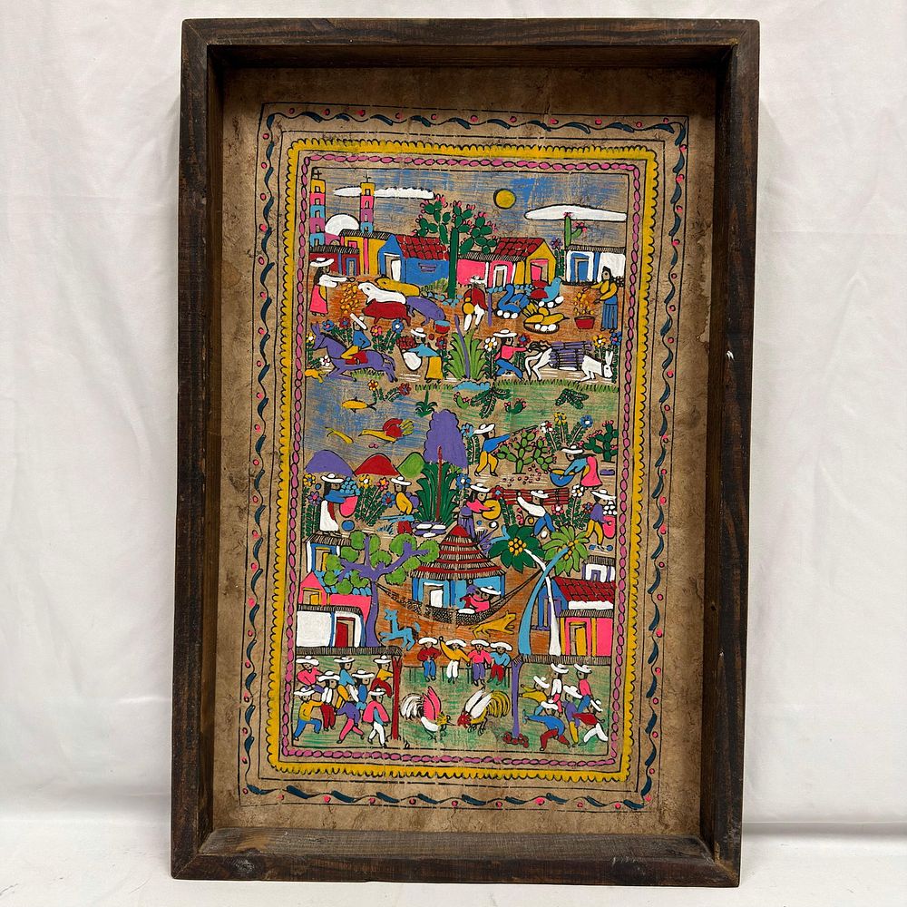 Lot 317: Mexican Folk Art Village Scene Painting on Bark Style Paper