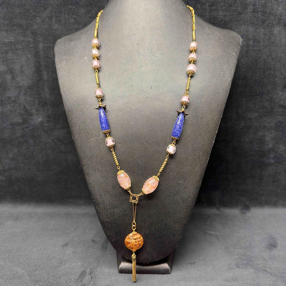 Lot 328: Venetian Murano Art Glass Lamp Work Blue Pink Copper Beaded Chain Pendant Necklace D90