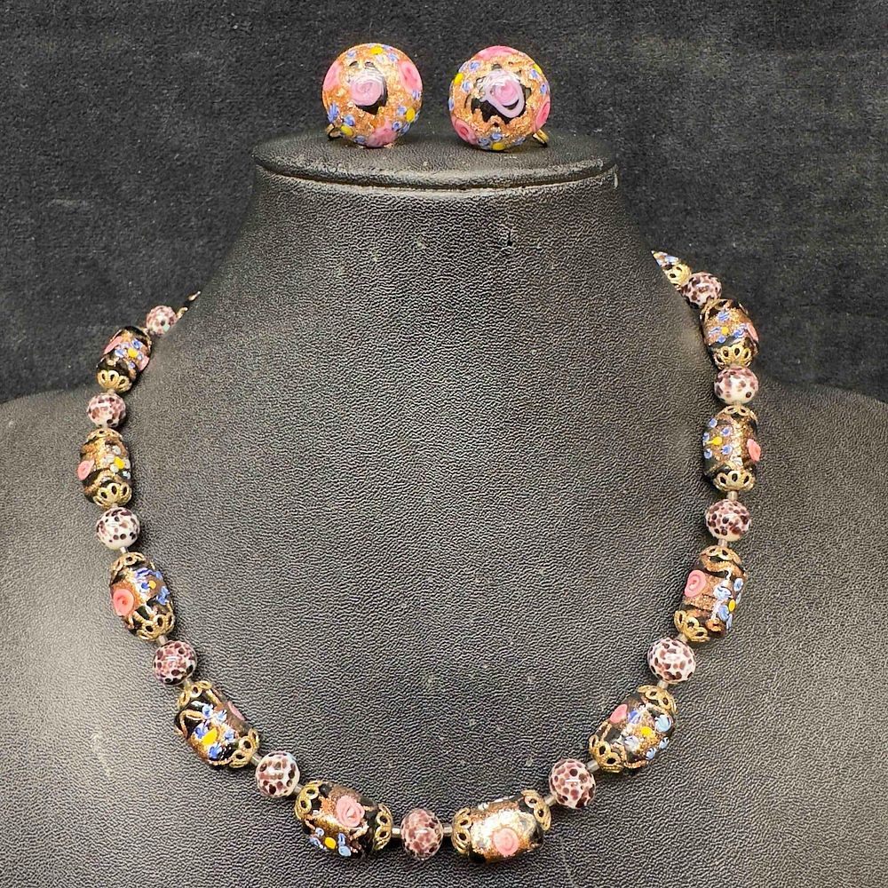 Lot 336: Venetian Murano Lamp Work Art Glass Fiorato Black Beaded Bead Necklace and Earrings Set B99