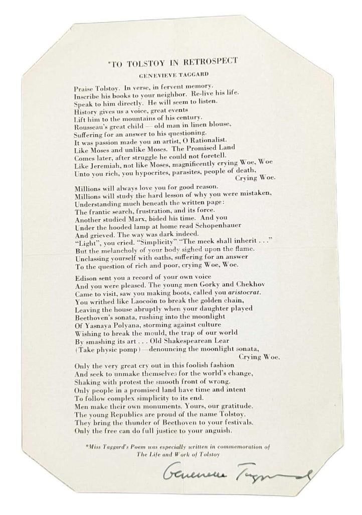 Lot 367: Signed Genevieve Taggard To Tolstoy In Retrospect Poem