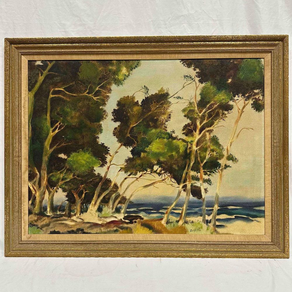 Lot 471: Bill Justice Original Oil Painting on Masonite Coastal Landscape with Trees Signed