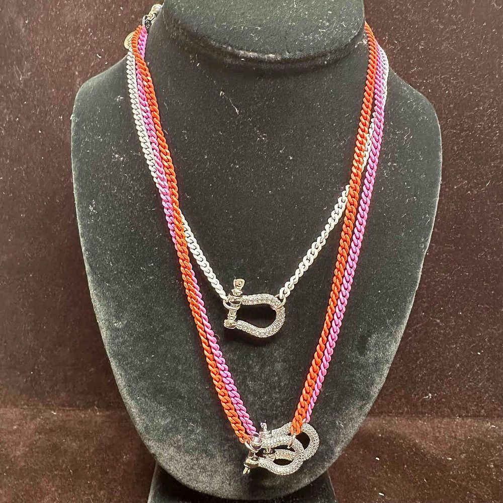 Lot 182: Pink Orange White Colored Chain Melania Clara Assorted Necklace Set of Three
