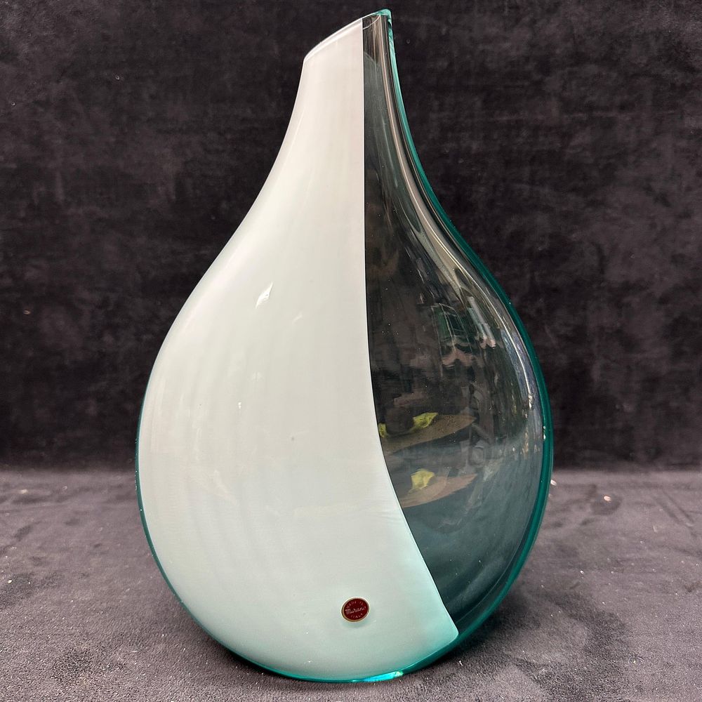 Lot 198: Murano Art Glass Studio Teardrop Vase White and Aqua Blue Green JB