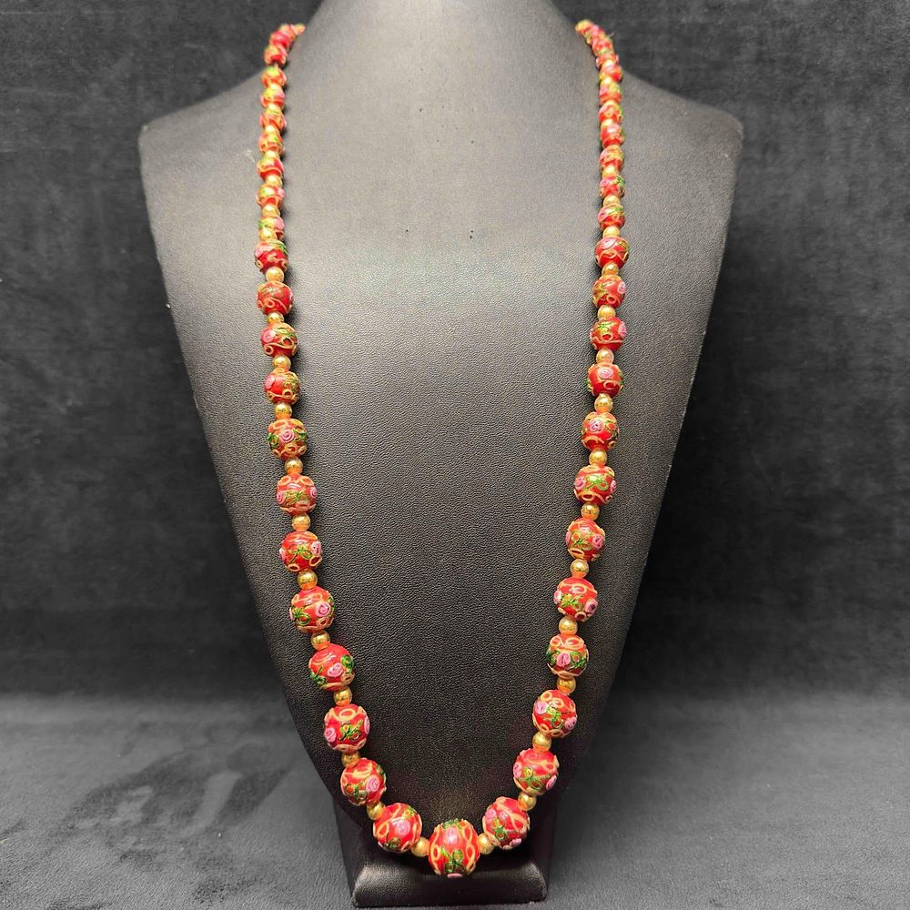 Lot 276: Murano Venetian Lamp Work Art Glass Red Round Gold Floral Beaded Necklace F49
