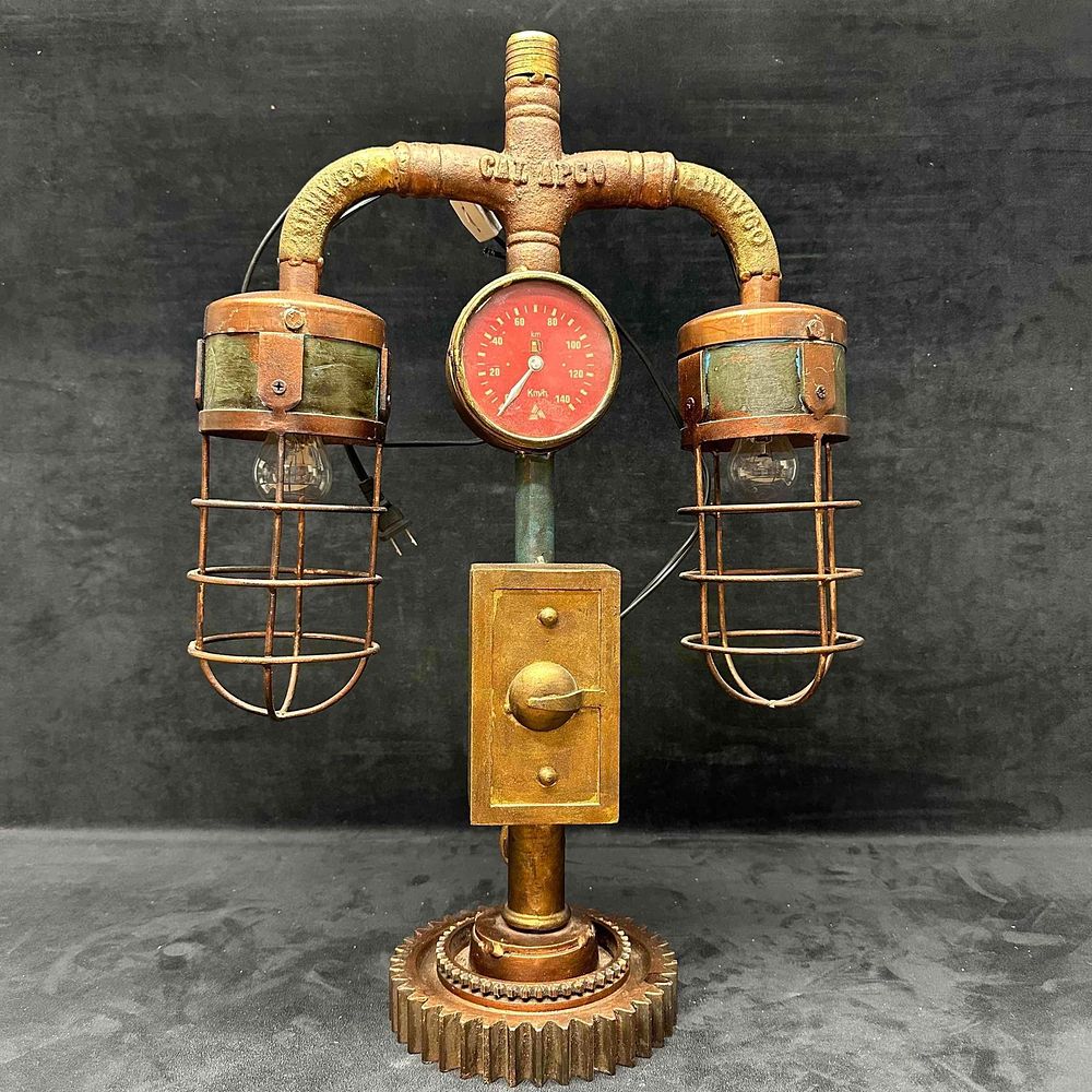 Lot 284: Industrial Steampunk Dual Cage Lamp with Vintage Gauge Piping and Gear Base