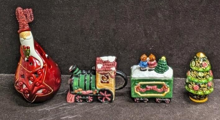 Lot 336: Christmas Train Sugar Bowl Creamer Nesting Doll Candle Holder