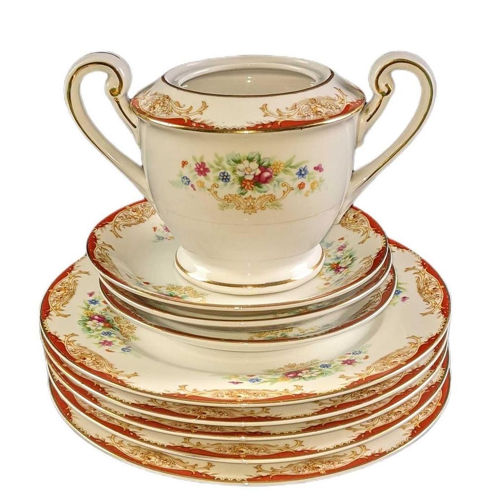 Lot 340: Vintage Diamond China Sugar Bowl And Plates