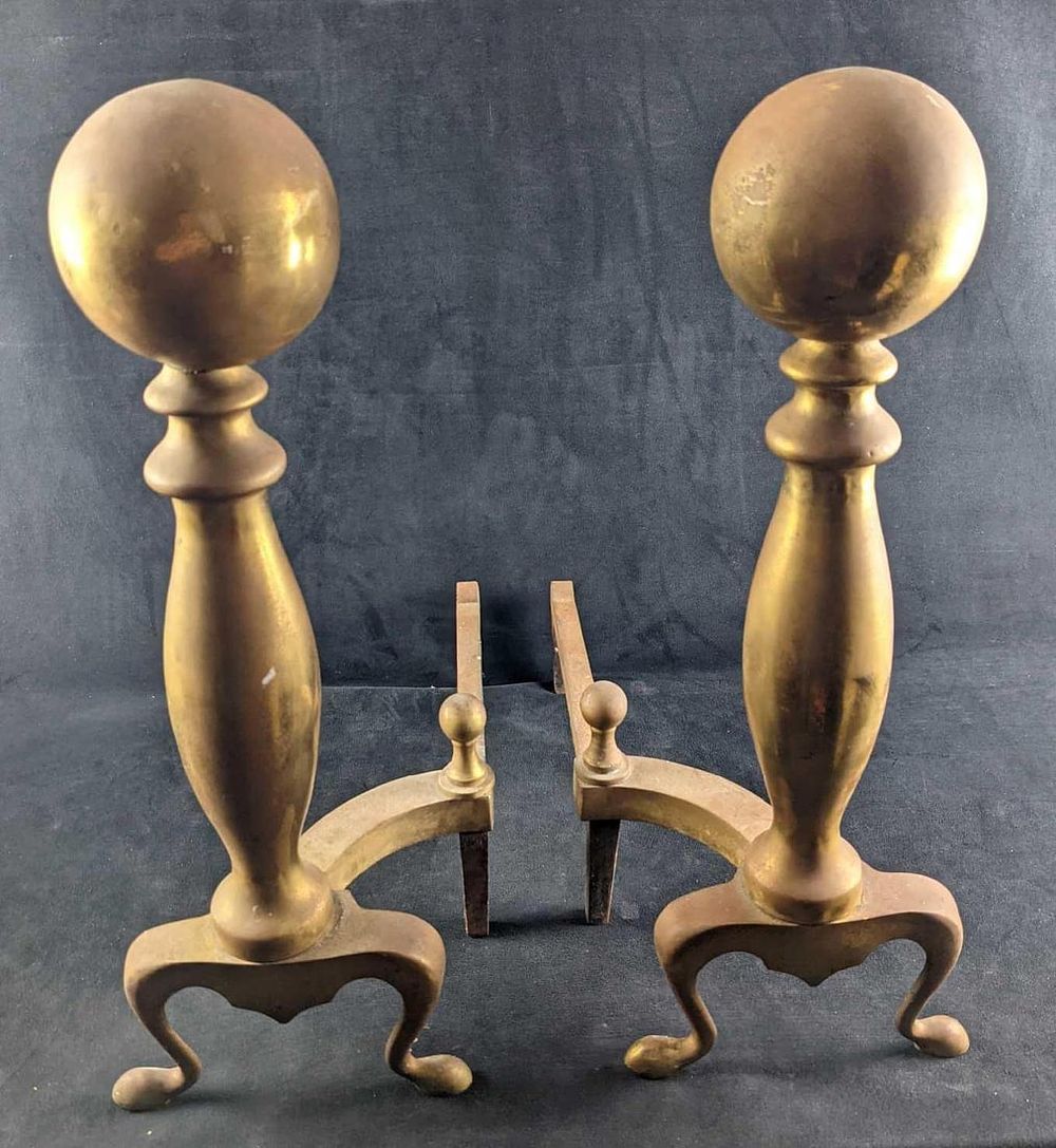 Lot 353: Vintage Brass Cannonball Fireplace Andirons