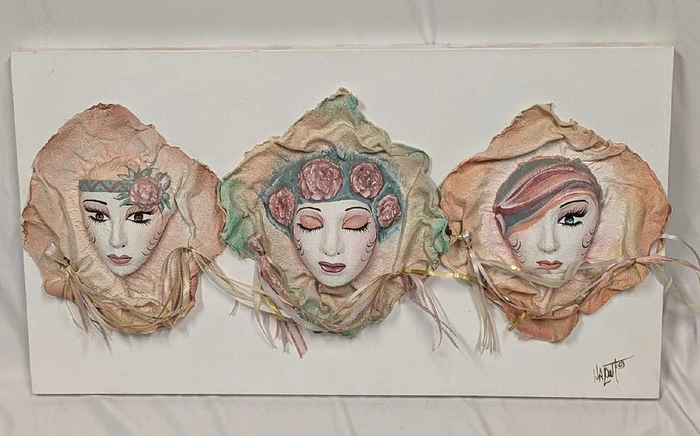 Lot 435: Three Paper Mache Masks On Signed Canvas