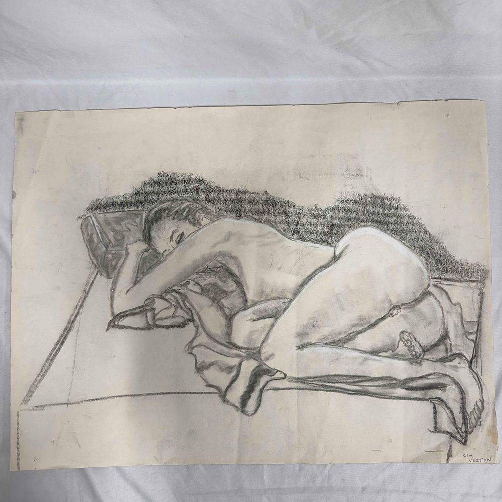 Lot 437: Naked Female Nude Erotic Bare Woman Lady Laying Down Kim Norton Pencil Sketch Drawing