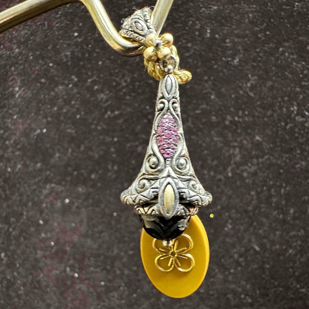 Lot 451: Barbara Bixby Sterling Silver 925 18K Gold Carved Black Onyx Ruby Charm Pendant