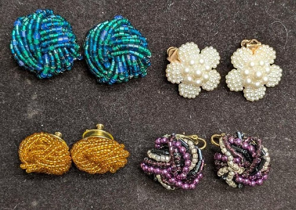 Lot 454: Vintage Unmarked Bead And Faux Pearl Pierced And Clip On Earrings Lot Of 4