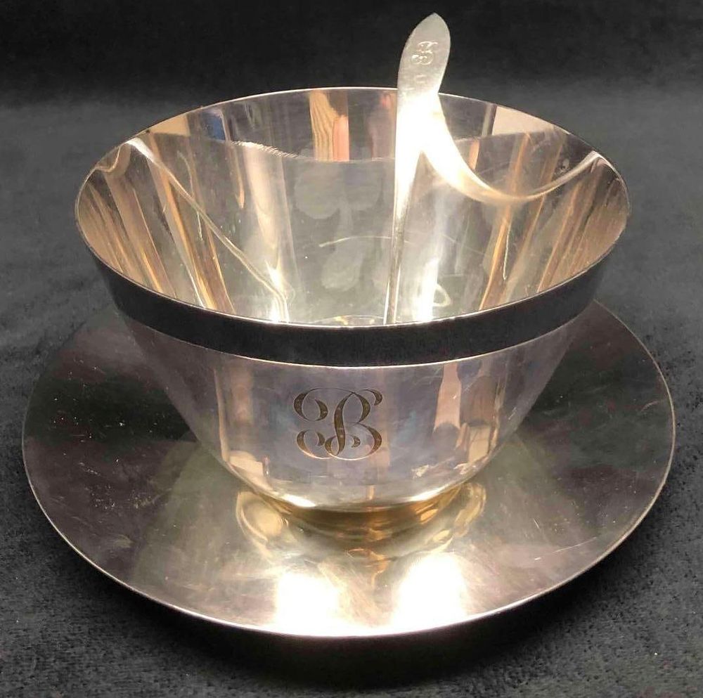 Lot 468: B Engraved Gorham Silver Plated Bowl YC877 & Saucer C878 Set With Spoon