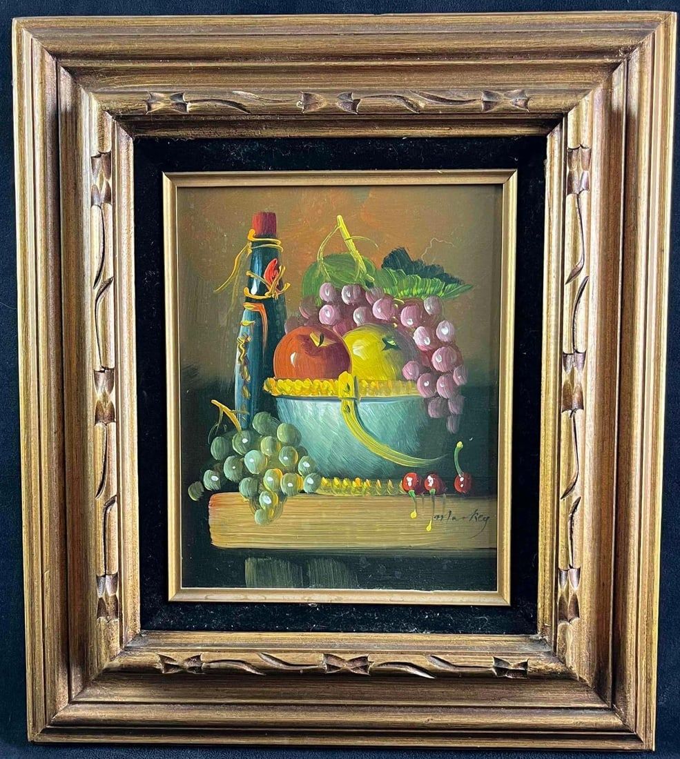 Lot 481: Oil Still Life Painting Fruit and Wine Signed Painting