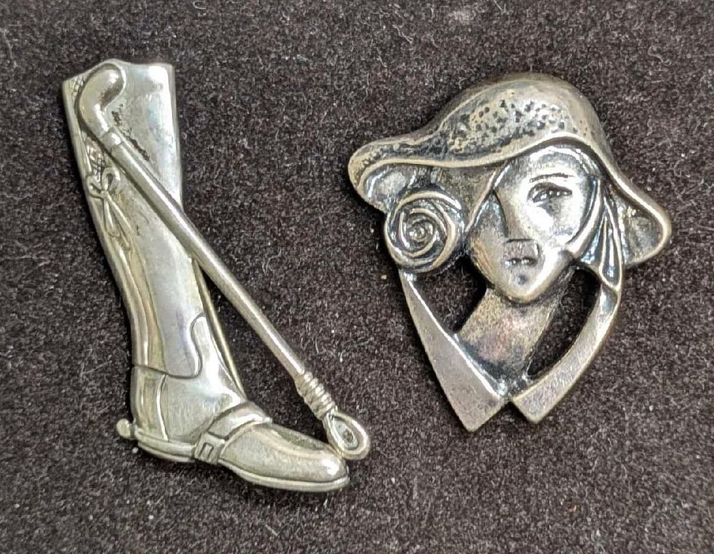 Lot 482: Vintage Sterling Silver Lady And Equestrian Boot Pin Broochs