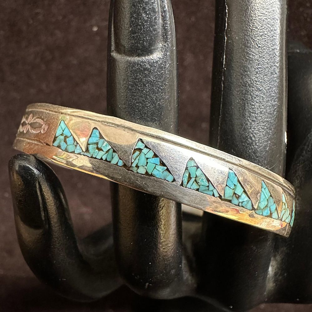 Lot 487: Native American Style Turquoise Geometric Chip Inlay Silver Cuff Bracelet FB Signed