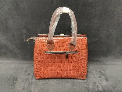 Brown Croc-Print Handbag. Brown croc-print leather-style handbag with structured handles and 